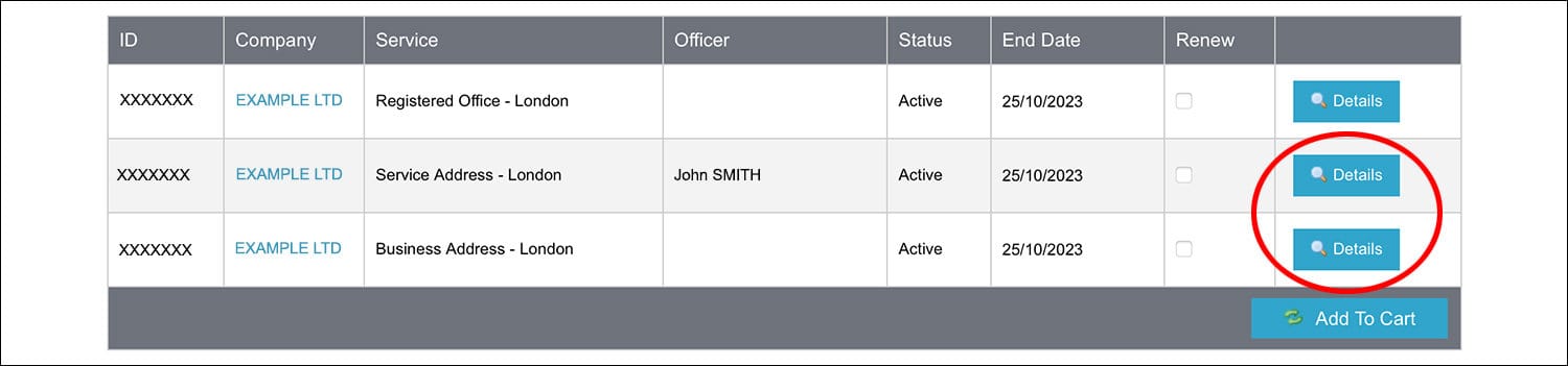 Screenshot of Rapid Formations' Services and Renewals page with 'Details' buttons circled in red.