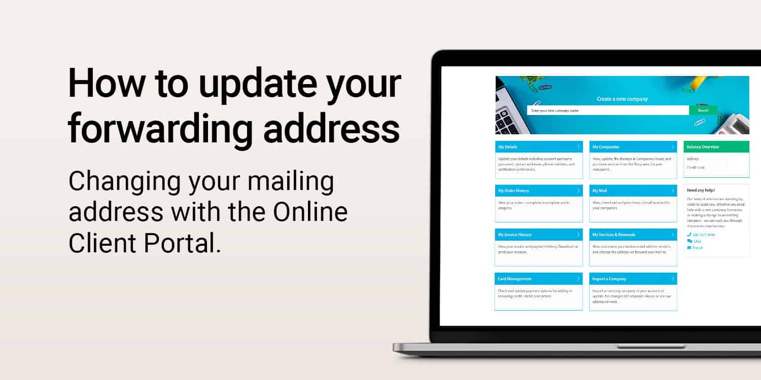 Image of Rapid Formations Customer Dashboard displayed on a laptop with the headline in orange text: How to update your forwarding address.