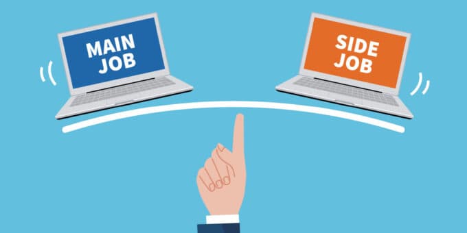 Balance of main job and side job image, vector illustration, blue background