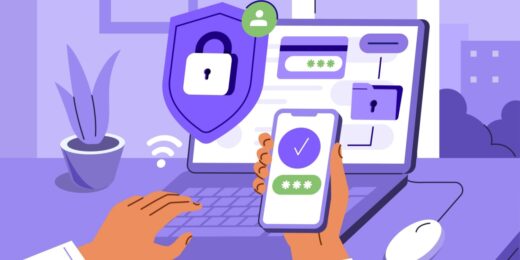 Illustration of a person using a smartphone and laptop with lock icons and password fields, representing privacy protection and GDPR compliance for online businesses