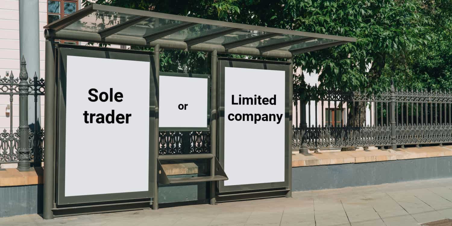 Bus stop advertising boards displaying the message 'Sole trader or Limited company' in black letters on a white background.