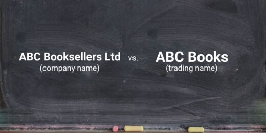 Blackboard with text handwritten in white chalk: ABC BOOKSELLERS LTD (company name) vs. ABC BOOKS (trading name).