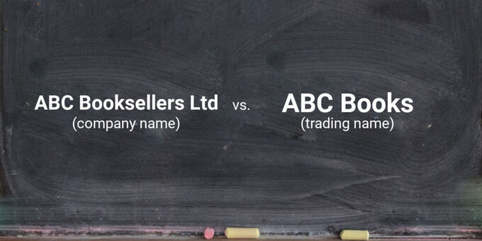 Blackboard with text handwritten in white chalk: ABC BOOKSELLERS LTD (company name) vs. ABC BOOKS (trading name).