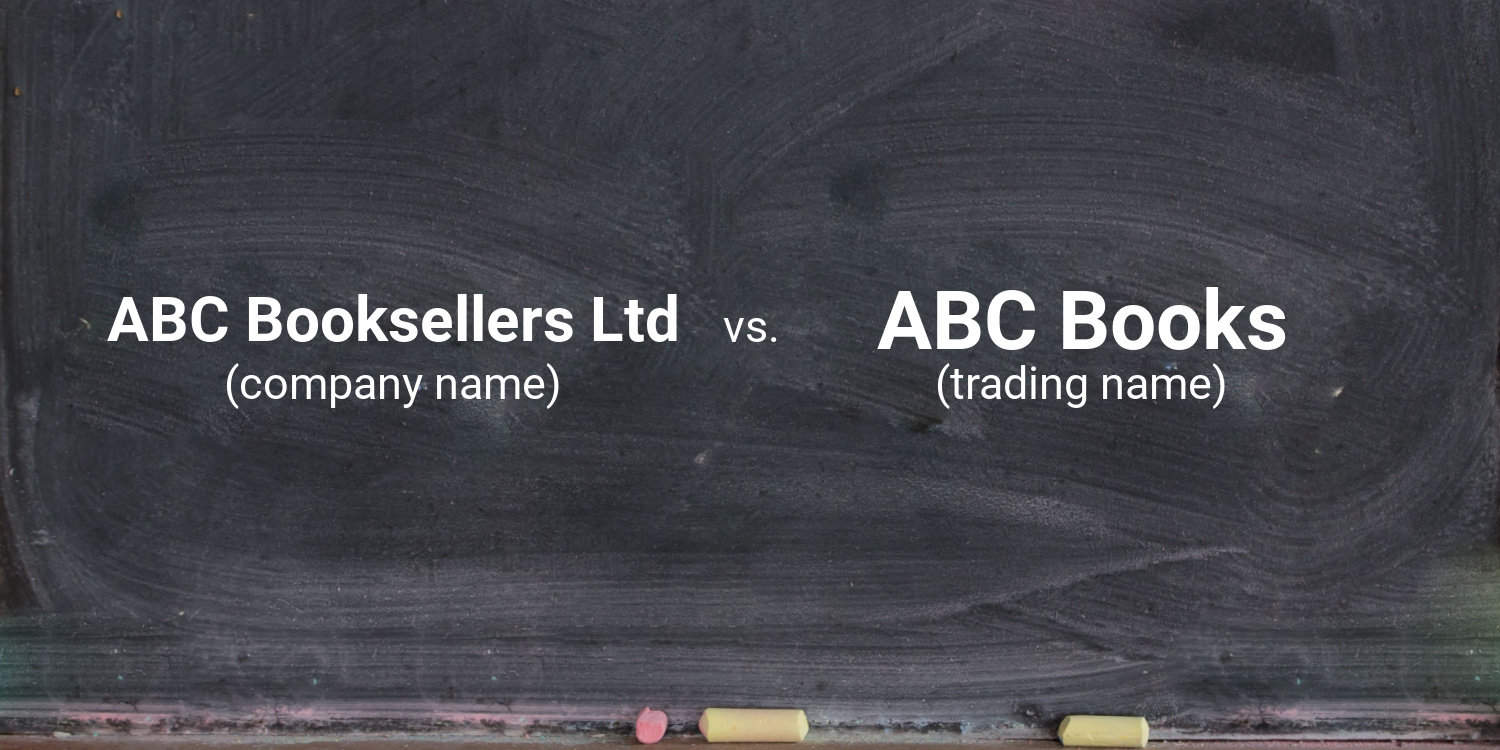 Blackboard with text handwritten in white chalk: ABC BOOKSELLERS LTD (company name) vs. ABC BOOKS (trading name).