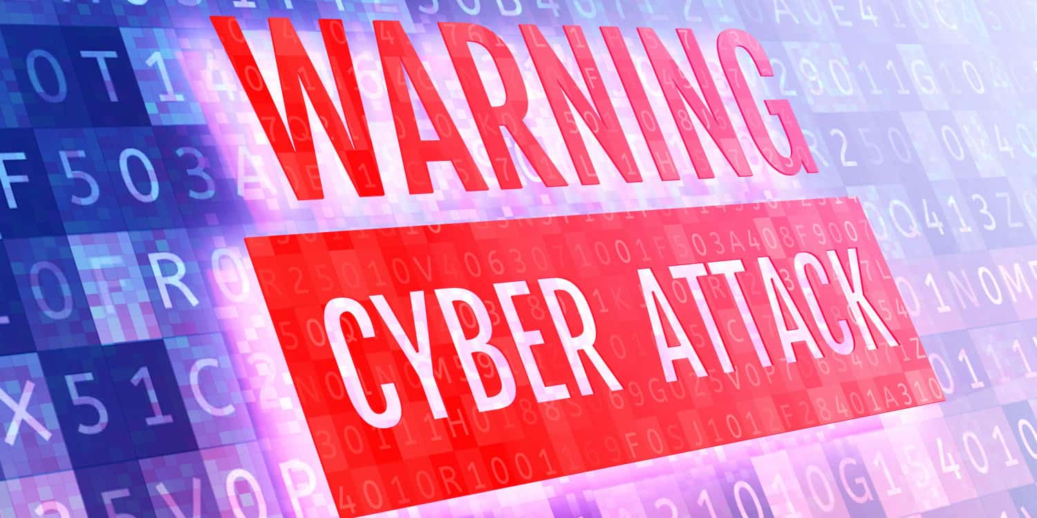 Digital security concept. Warning cyber attack sign on a virtual digital screen. 3D illustration.