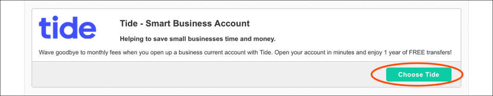 Screenshot of the Tide banking option with ‘Choose Tide’ circled 