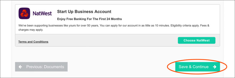 Screenshot of the banking page with 'Save & Continue' circled