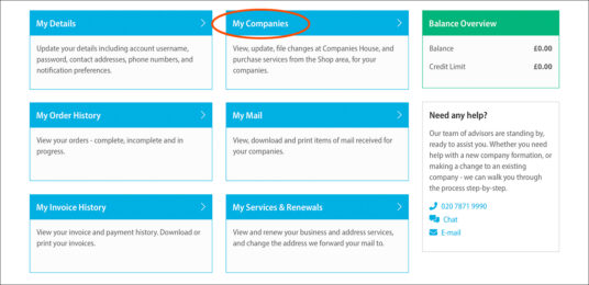Screenshot of the Rapid Formations Online Client Portal, with ‘My Companies’ circled 