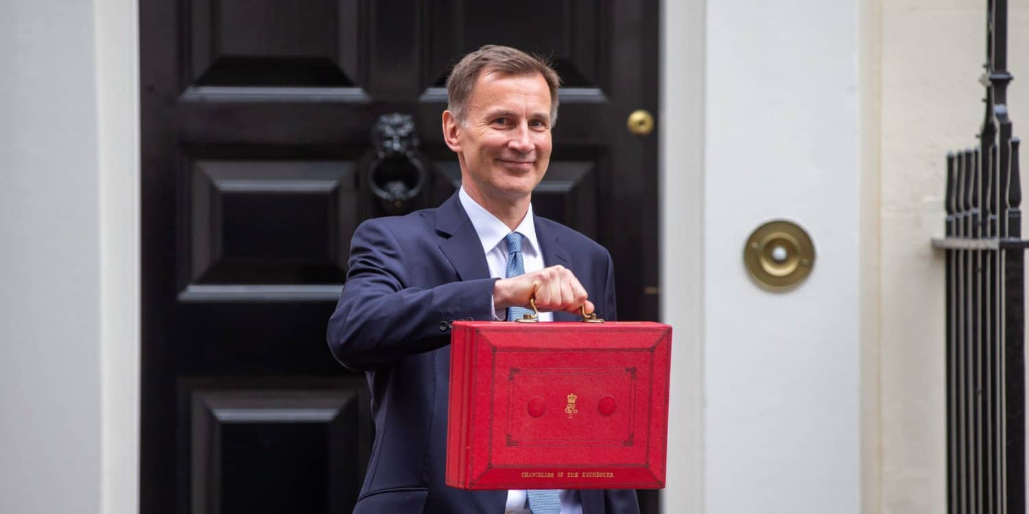 Chancellor of the Exchequer Jeremy Hunt holding the ministerial box outside 11 Downing Street ahead of the Spring Budget 2024 statement.