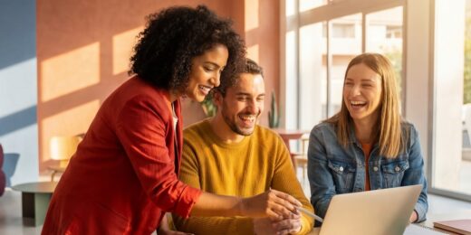 Three smiling colleagues reviewing work on a laptop together in a bright, modern office, showing a positive, compliant workplace.