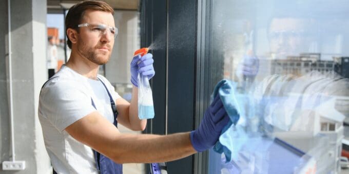 Male owner of a window cleaing business in overalls cleaning the shop windows of a store with special equipment.