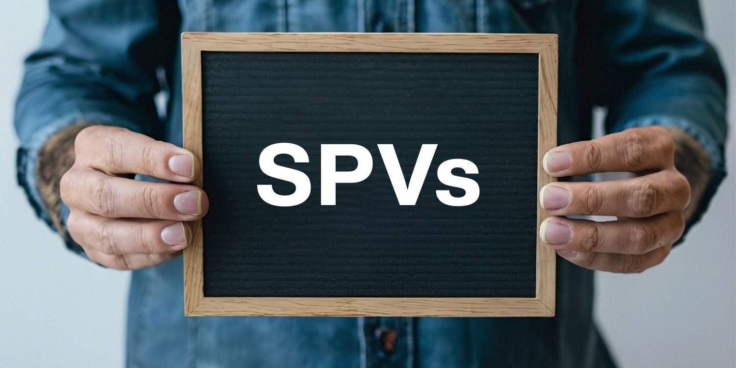 Close-up of a man's hands holding a blackboard with the letters 'SPVs' displayed in white font. The concept of a Special Purpose Vehicle.