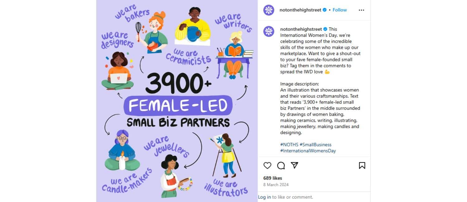 A screenshot of an Instagram post by Not On The High Street on International Women's Day 2024