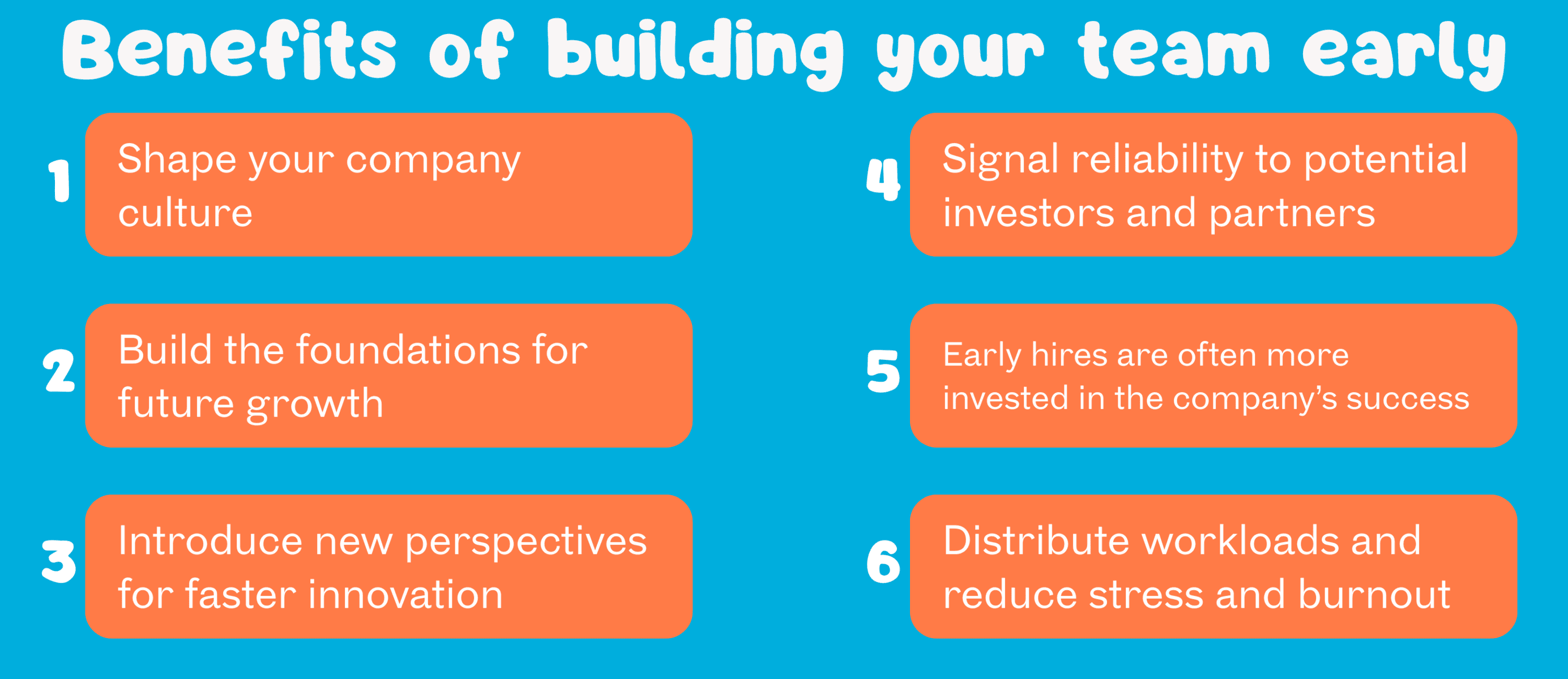 Colourful infographic listing six benefits of building a team early, emphasising company culture, growth, innovation, and stress reduction.