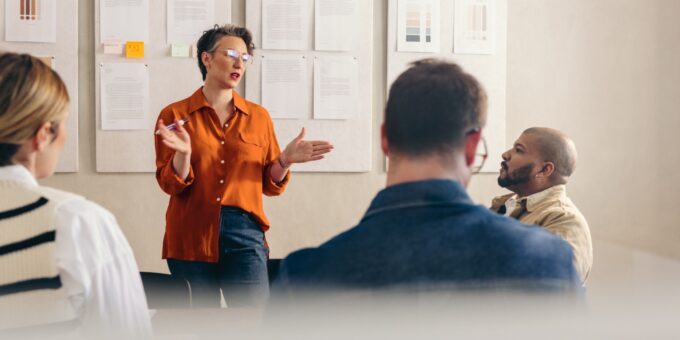 An entrepreneur pitching to investors.