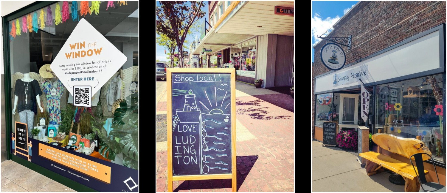 Three images displayed side by side, showcasing how independent retailers decorate their storefronts. One advertises a 'Win the Window' competition, another places a 'Shop Local" blackboard outside, and another decorates their window with bright, summery colours.