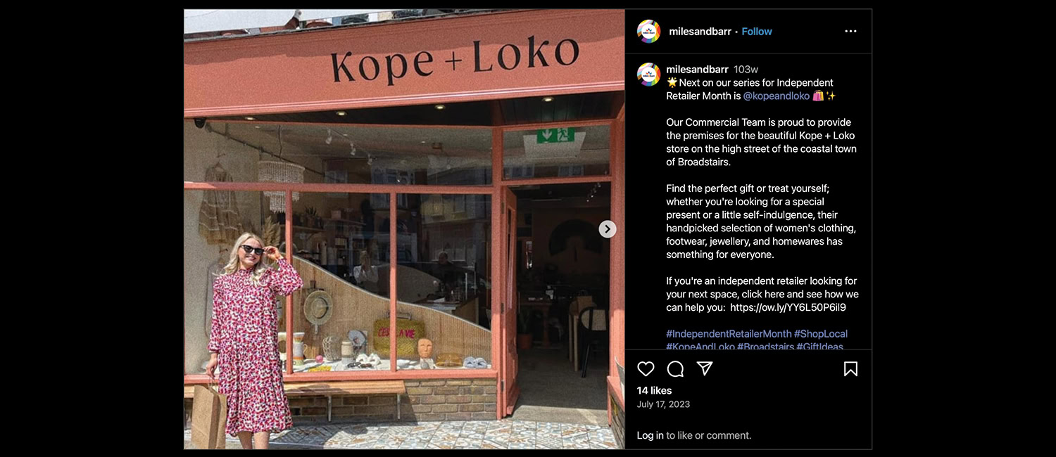 An Instagram post featuring independent retailer, Kope + Loco, celebrating small brands during Independent Retailer Month