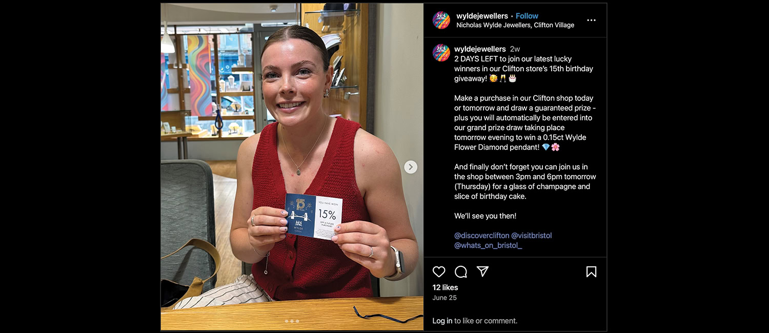 An Instagram screenshot from independent retailer, Wylde Jewellers, showcasing a customer in a red top, holding a "15% OFF" voucher.