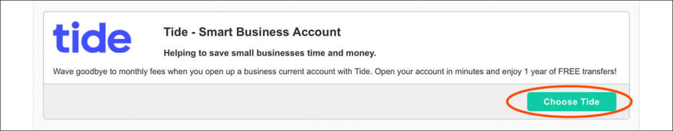 Screenshot of the Tide banking option with ‘Choose Tide’ circled