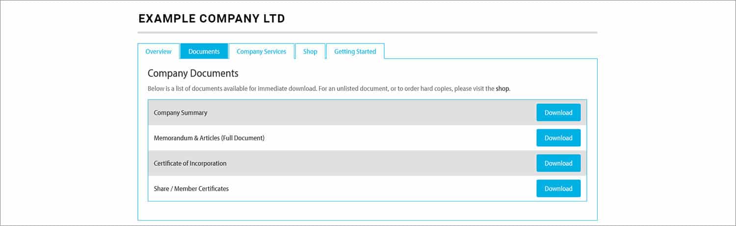 Screenshot of online client portal company documents area