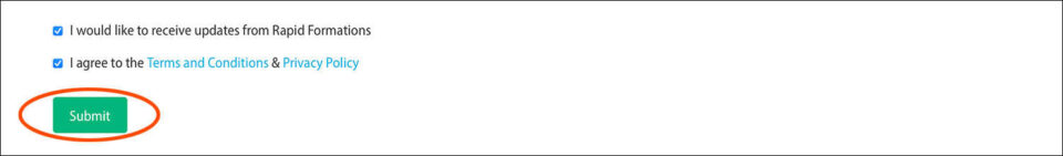 Screenshot of the Rapid Formations company formation process, with 'Submit' circled