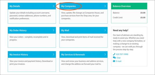 Screenshot of the Rapid Formations Online Client Portal, with ‘My Companies’ circled