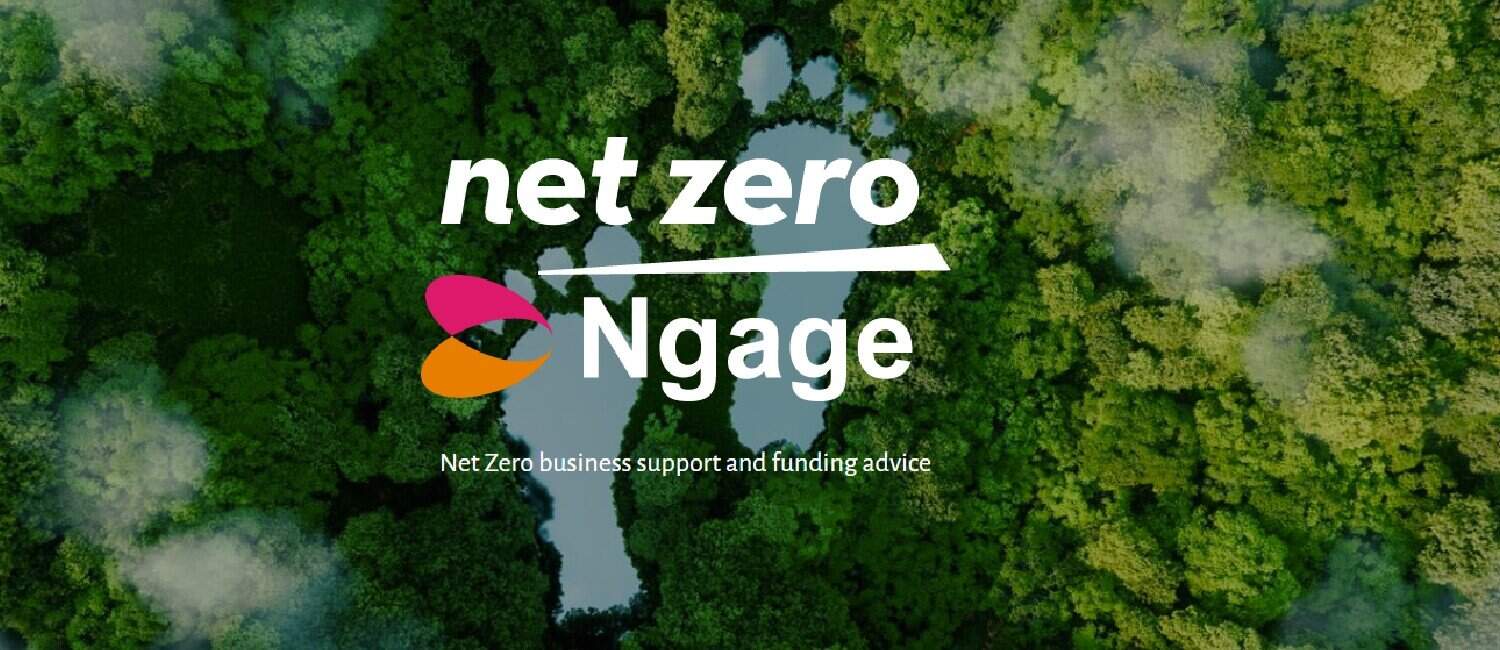 A Net Zero Ngage banner with logo and overhead shot of a forest.