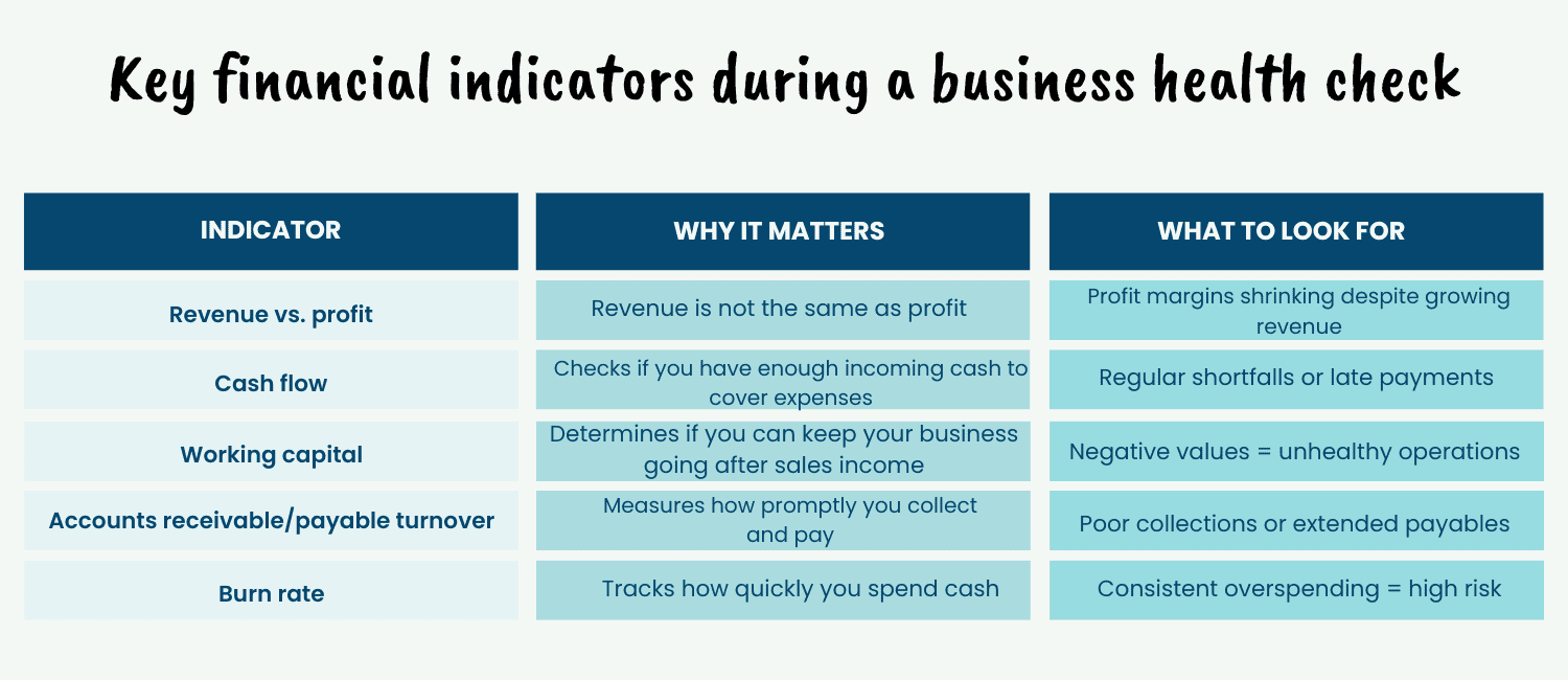 Infographic detailing key financial indicators for business health checks, including revenue vs. profit, cash flow, and burn rate.