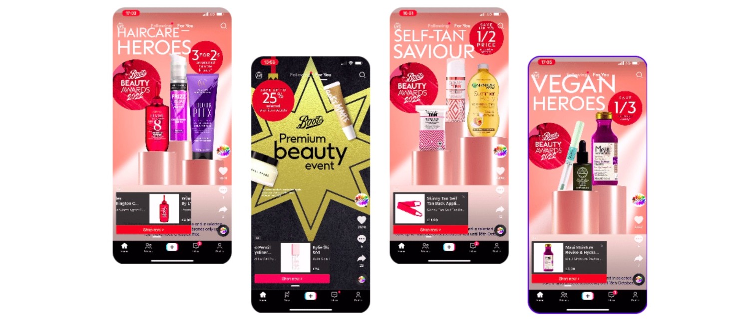 Four TikTok Ads on mobile screens displaying deals on beauty products from Boots