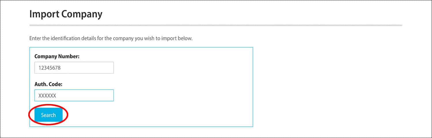 Rapid Formations' Import Company page with the Search button circled in red.