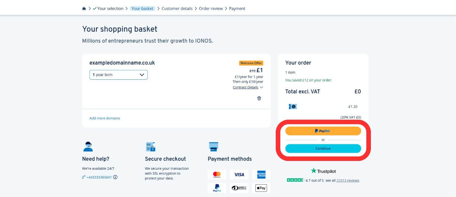 Basket summary page on IONOS directing the customer to complete their purchase.