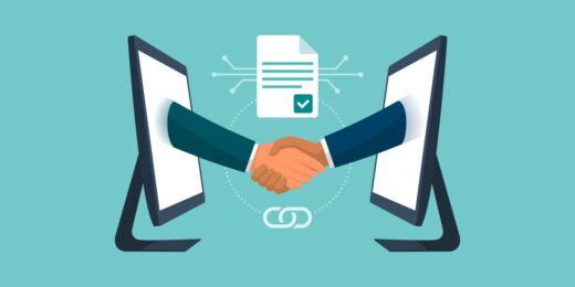 Illustration of two hands reaching out from computer screens to shake hands, symbolising a verified business agreement, with a document and checkmark in the background representing confirmation of a company’s legitimacy