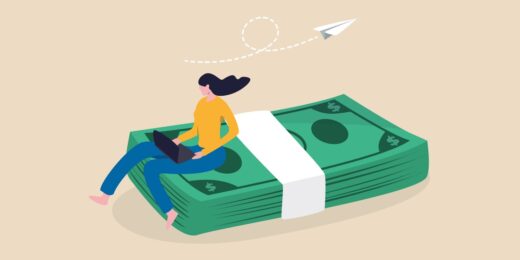 Illustration of a woman working on a laptop while sitting on a large stack of money, representing high turnover for a limited company and financial success