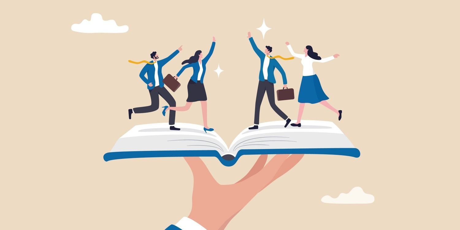 Illustration of a hand holding an open operations manual, with four business professionals standing and celebrating on top of the book, symbolising teamwork, guidance, and organisational success through structured processes
