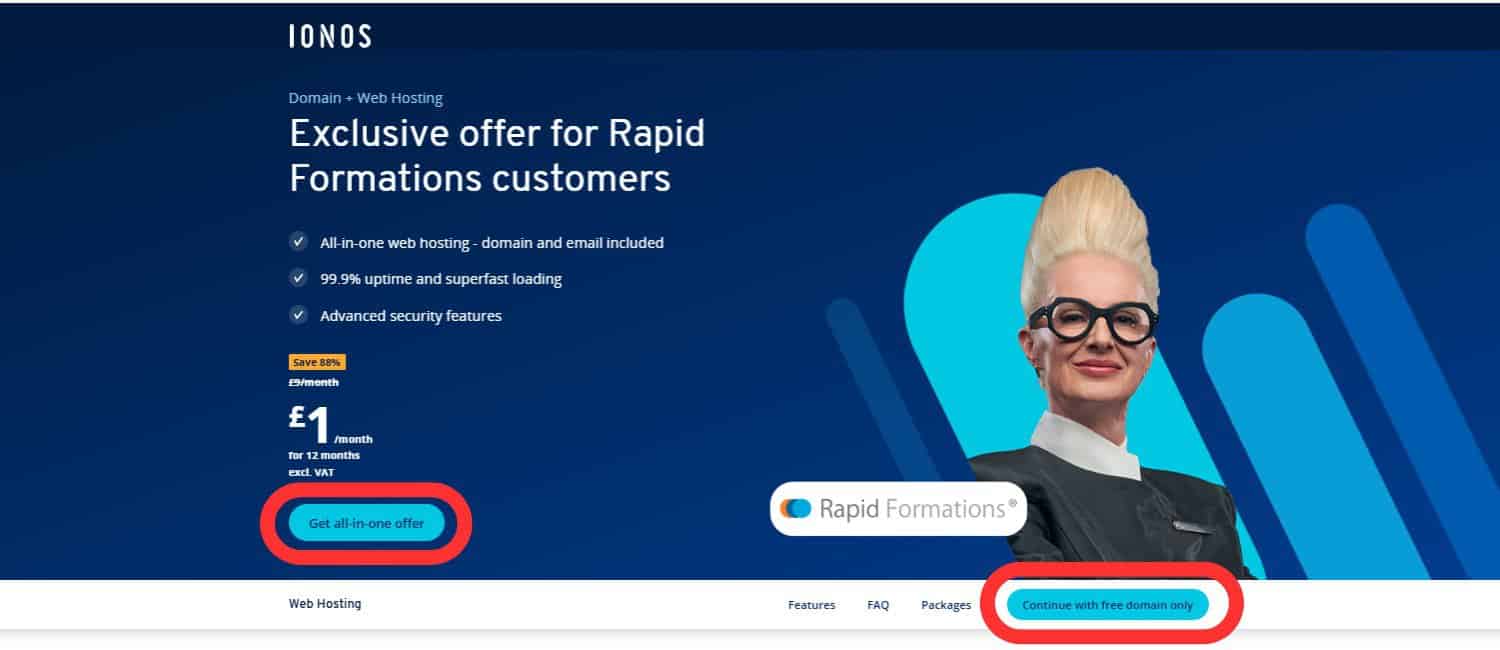 Rapid Formations branded IONOS page showing the free domain deal.