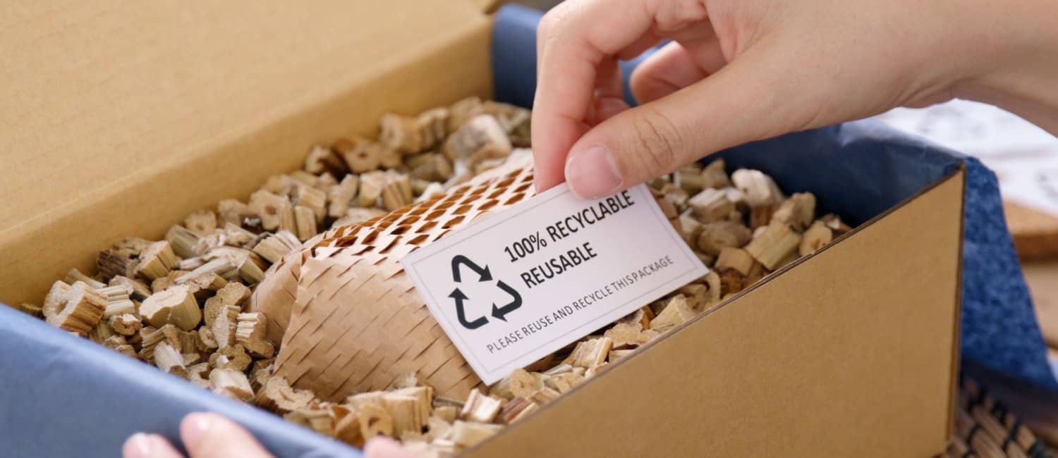 Someone placing a card reading '100% recyclable reusable' into a cardboard box filled with sustainable materials