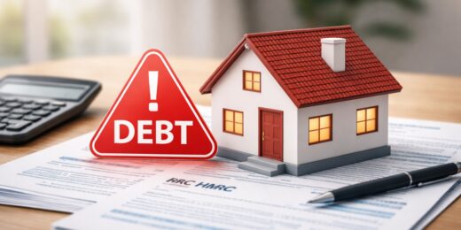 Model house on top of HMRC documents with a red debt warning sign, calculator, and pen, symbolizing risk to property due to tax debt.