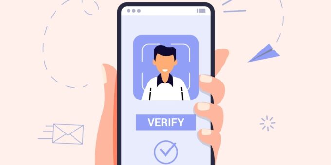 An illustration of a hand holding a smartphone displaying an identity verification screen with a person's photo and a verify button, representing PSC identity verification for Companies House