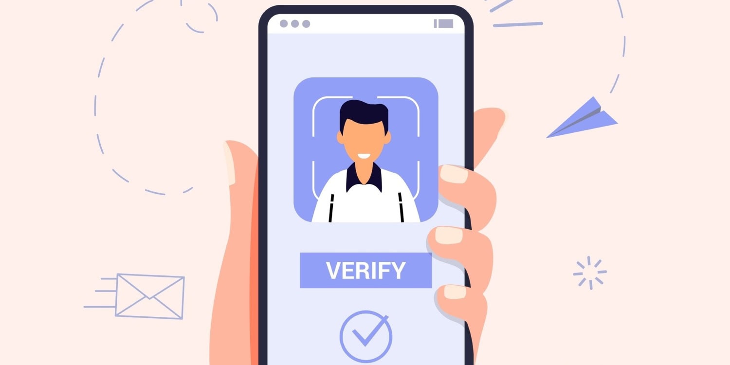 An illustration of a hand holding a smartphone displaying an identity verification screen with a person's photo and a verify button, representing PSC identity verification for Companies House